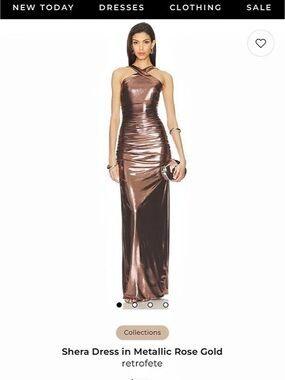 NWT RETROFETE Shera Dress Metallic Rose Gold Maxi Dress